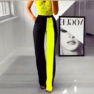 Black dress pants with neon stripe.